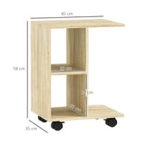 HOMCOM C-Shape End Table Unique Storage Unit w/ 2 Shelves 4 Wheels Freestanding Home Office Furniture Cabinet Square Studio Natural