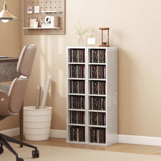 HOMCOM Set of 2 CD Media Display Shelf Unit Tower Rack with Adjustable Shelves, High Gloss White