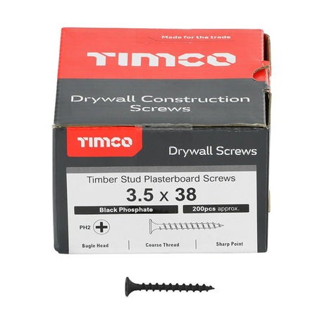 200 x TIMCO Drywall Coarse Thread Bugle Head Black Screws - 3.5 x 38