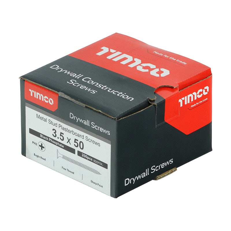 200 x TIMCO Drywall Fine Thread Bugle Head Black Screws - 3.5 x 50