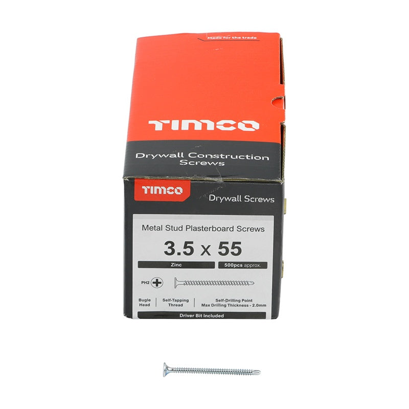 500 x TIMCO Drywall Self-Drilling Bugle Head Silver Screws - 3.5 x 55