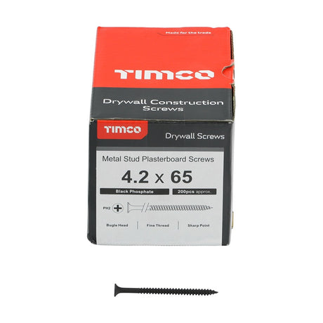 200 x TIMCO Drywall Fine Thread Bugle Head Black Screws - 4.2 x 65