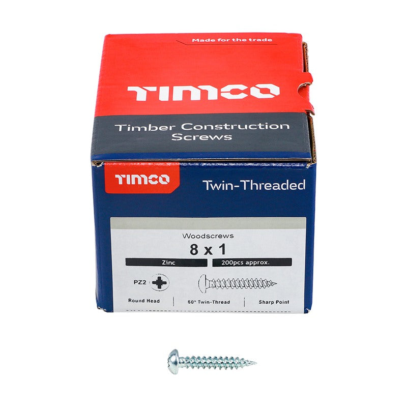 200 x TIMCO Twin-Threaded Round Head Silver Woodscrews - 8 x 1