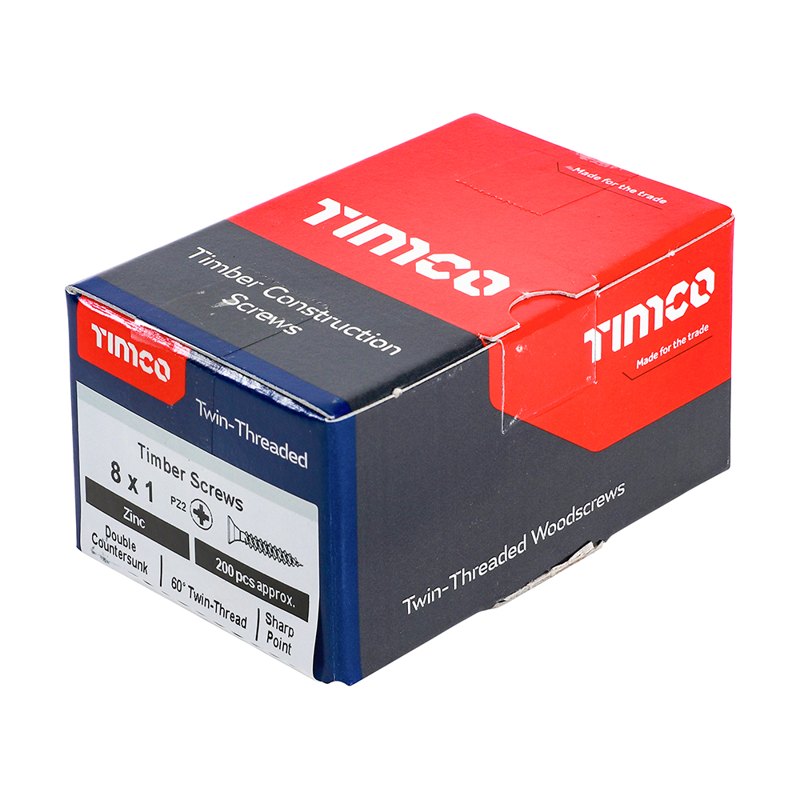 200 x TIMCO Twin-Threaded Countersunk Silver Woodscrews - 8 x 1