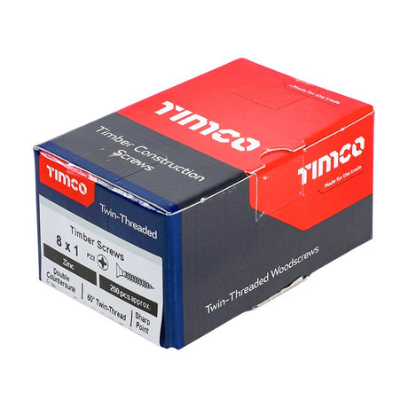 200 x TIMCO Twin-Threaded Countersunk Silver Woodscrews - 8 x 1