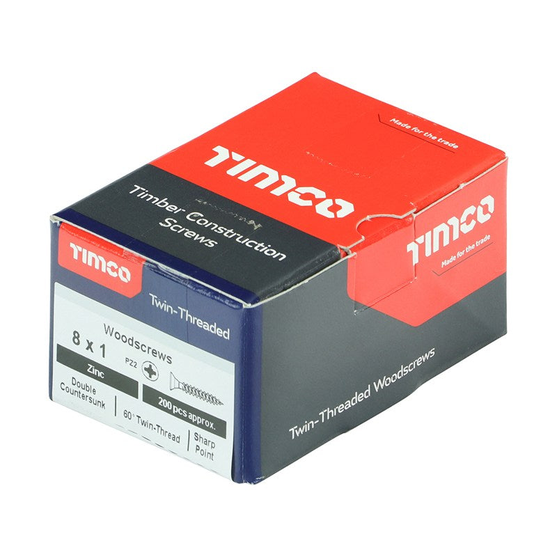 200 x TIMCO Twin-Threaded Countersunk Silver Woodscrews - 8 x 1