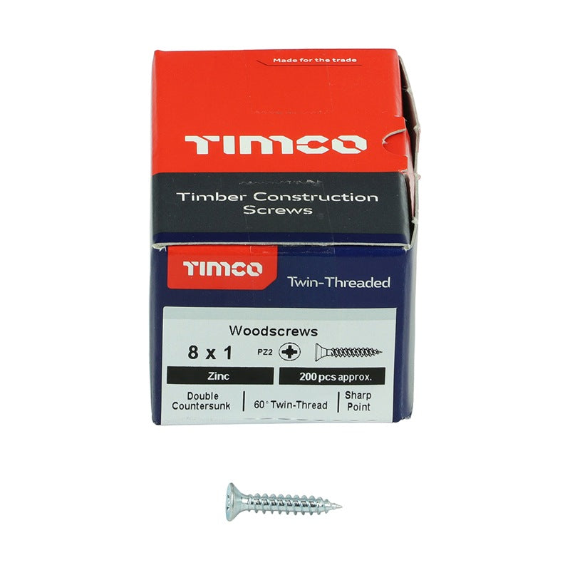 200 x TIMCO Twin-Threaded Countersunk Silver Woodscrews - 8 x 1