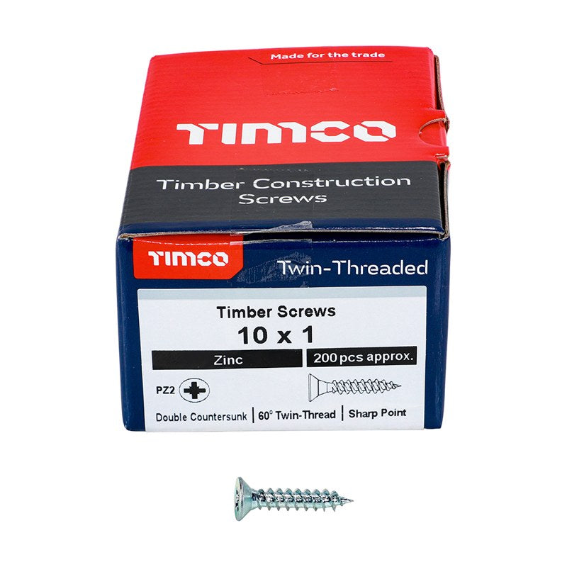 200 x TIMCO Twin-Threaded Countersunk Silver Woodscrews - 10 x 1