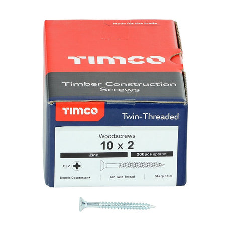 200 x TIMCO Twin-Threaded Countersunk Silver Woodscrews - 10 x 2