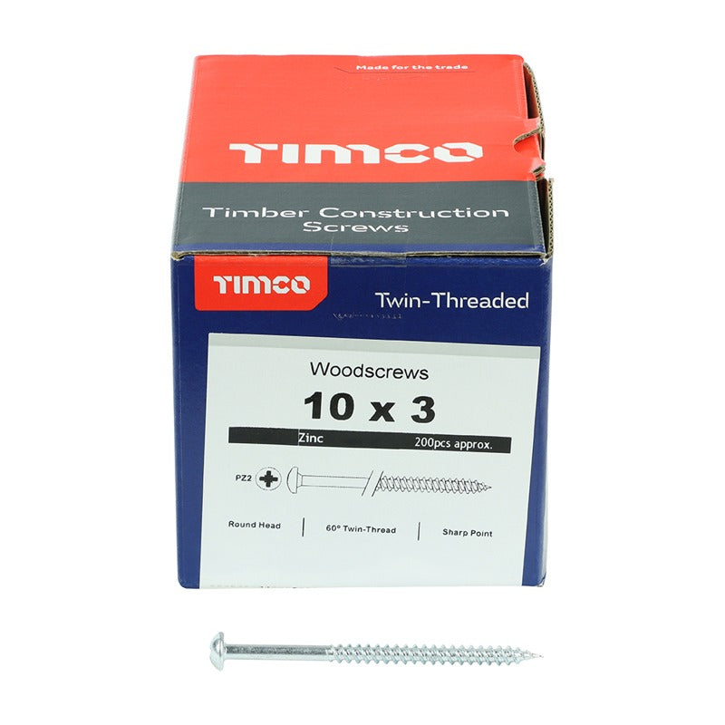 200 x TIMCO Twin-Threaded Round Head Silver Woodscrews - 10 x 3