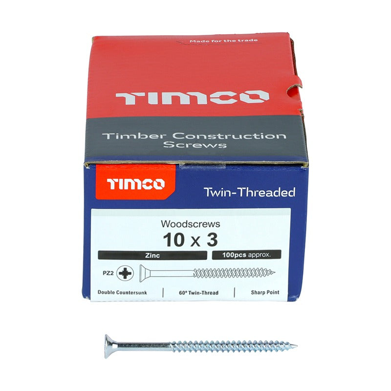 100 x TIMCO Twin-Threaded Countersunk Silver Woodscrews - 10 x 3