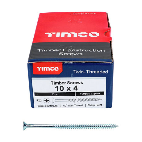 100 x TIMCO Twin-Threaded Countersunk Silver Woodscrews - 10 x 4