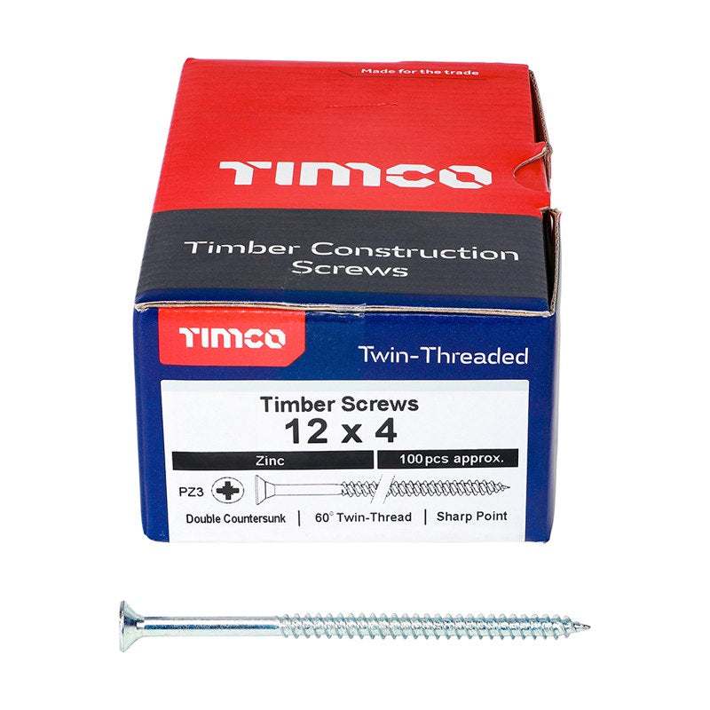 100 x TIMCO Twin-Threaded Countersunk Silver Woodscrews - 12 x 4