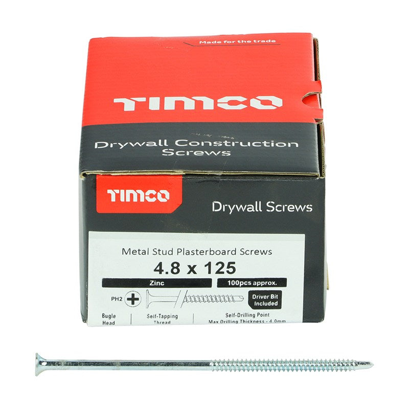 100 x TIMCO Drywall Self-Drilling Bugle Head Silver Screws - 4.8 x 125