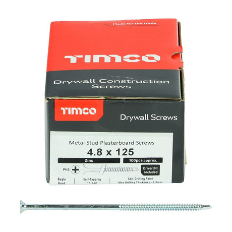 100 x TIMCO Drywall Self-Drilling Bugle Head Silver Screws - 4.8 x 125