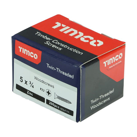 200 x TIMCO Twin-Threaded Countersunk Silver Woodscrews - 5 x 3/4