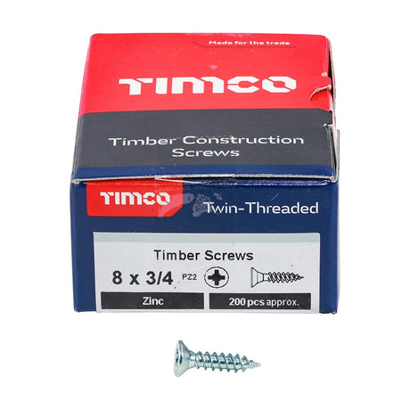 200 x TIMCO Twin-Threaded Countersunk Silver Woodscrews - 8 x 3/4