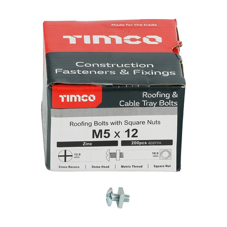 200 x TIMCO Roofing Bolts & Square Nuts Silver - M5 x 12