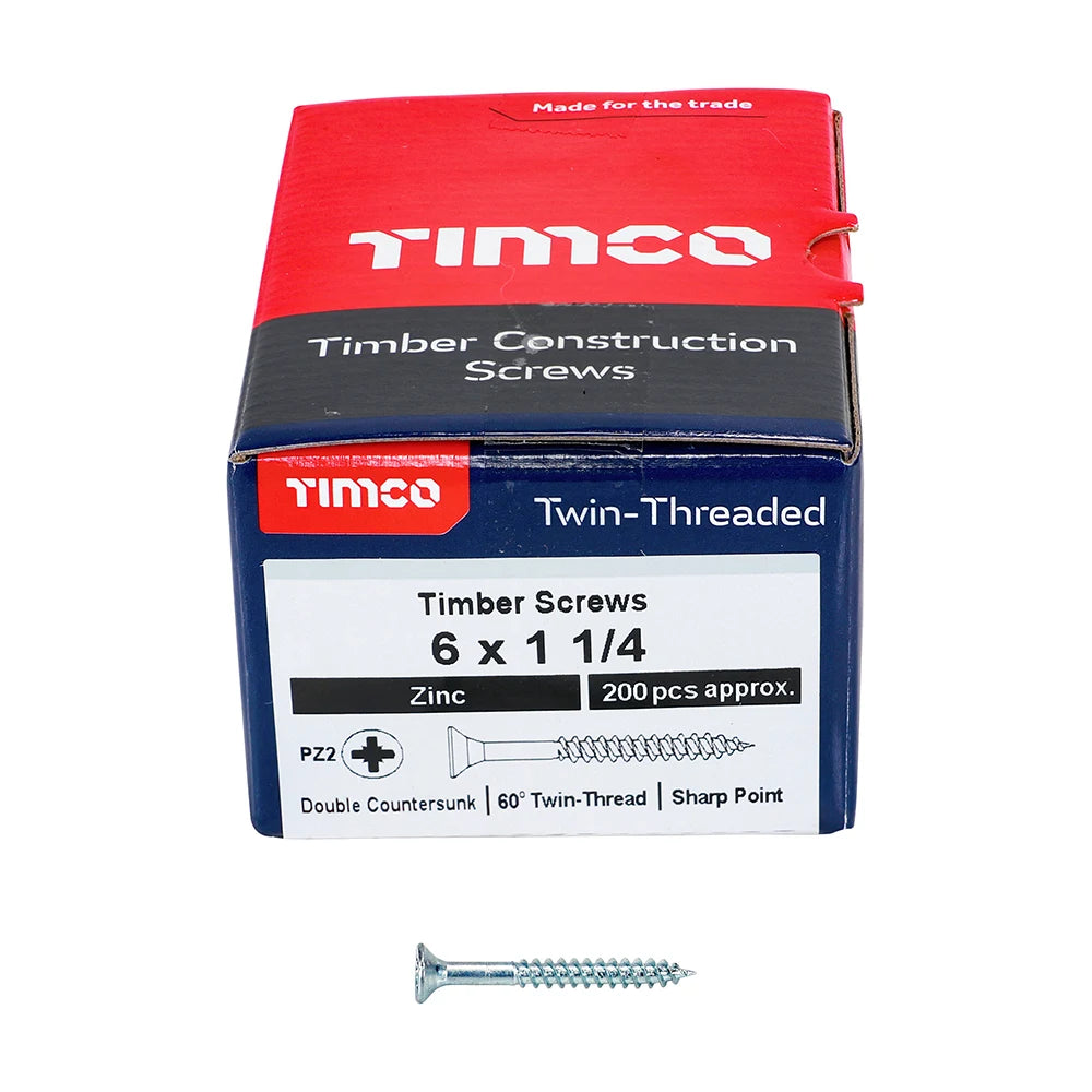 200 x TIMCO Twin-Threaded Countersunk Silver Woodscrews - 6 x 1 1/4