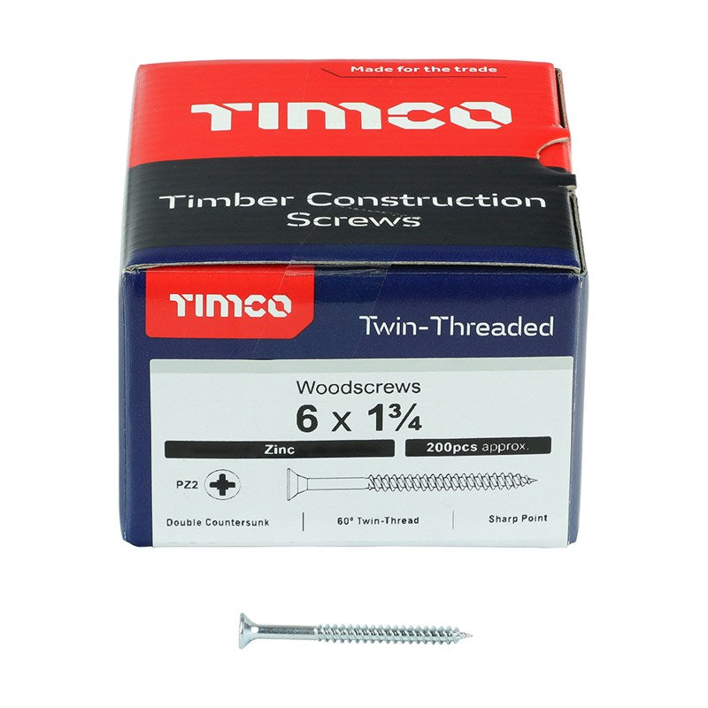 200 x TIMCO Twin-Threaded Countersunk Silver Woodscrews - 6 x 1 3/4