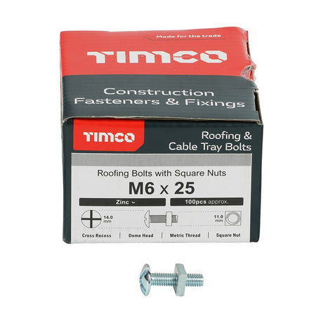 100 x TIMCO Roofing Bolts & Square Nuts Silver - M6 x 25