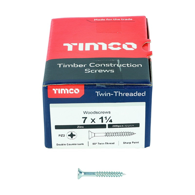 200 x TIMCO Twin-Threaded Countersunk Silver Woodscrews - 7 x 1 1/4