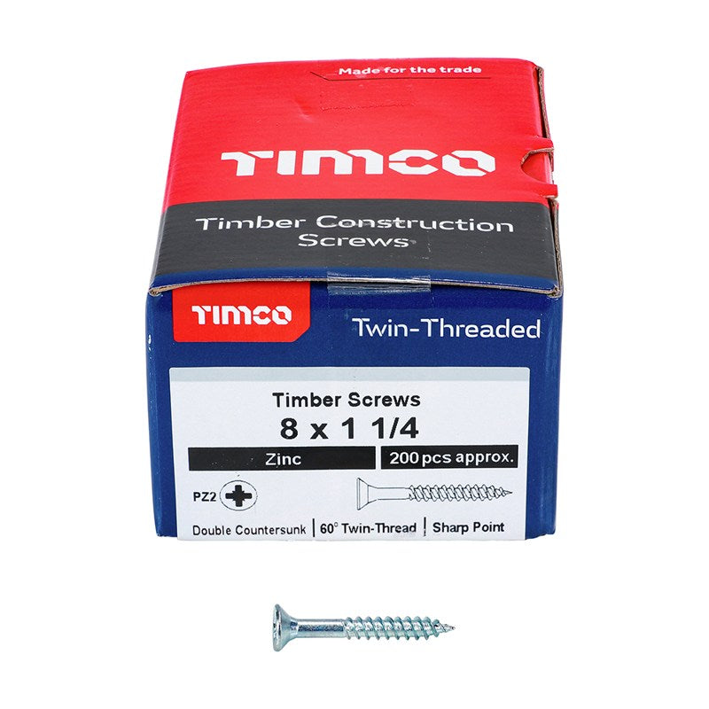 200 x TIMCO Twin-Threaded Countersunk Silver Woodscrews - 8 x 1 1/4