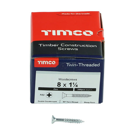 200 x TIMCO Twin-Threaded Countersunk Silver Woodscrews - 8 x 1 1/4