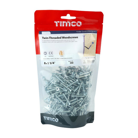 390 x TIMCO Twin-Threaded Countersunk Silver Woodscrews - 8 x 11/4