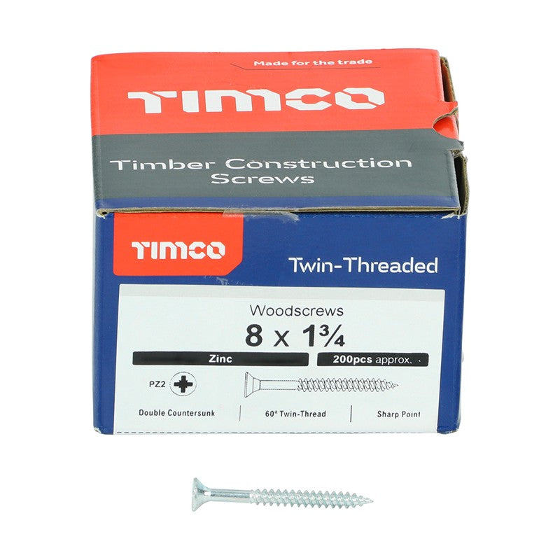 200 x TIMCO Twin-Threaded Countersunk Silver Woodscrews - 8 x 1 3/4