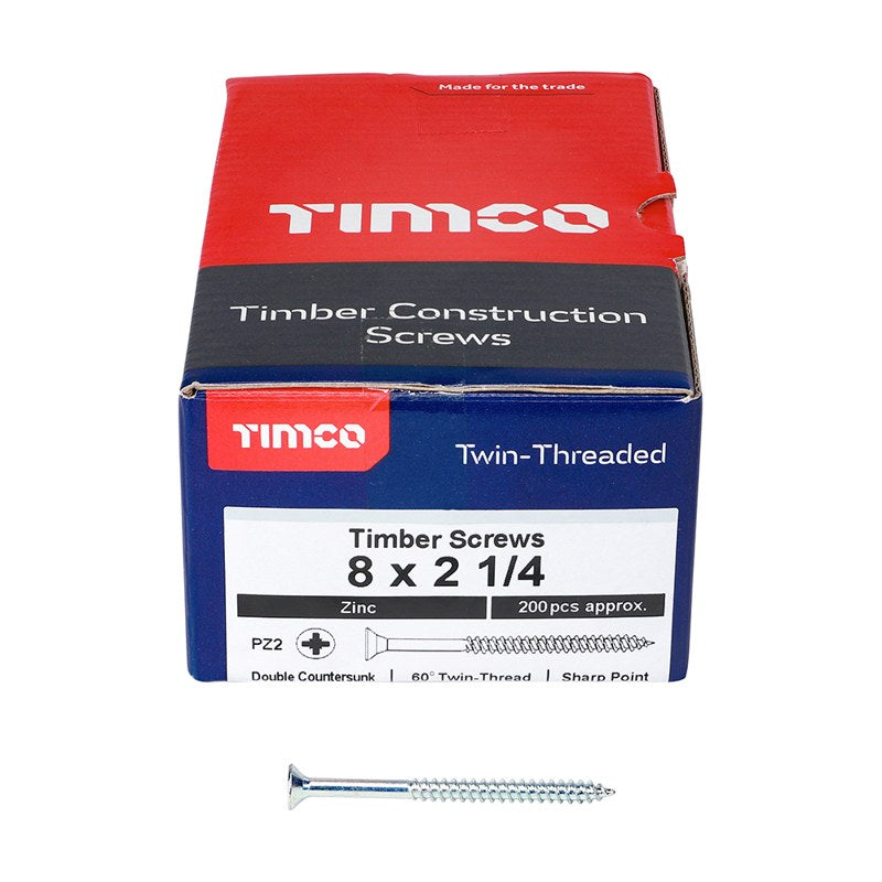 200 x TIMCO Twin-Threaded Countersunk Silver Woodscrews - 8 x 2 1/4