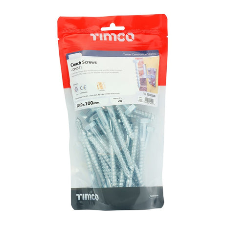 28 x TIMCO Coach Screws Hex Head Silver  - 10.0 x 100