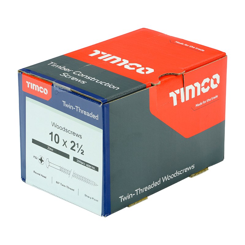 200 x TIMCO Twin-Threaded Round Head Silver Woodscrews - 10 x 21/2