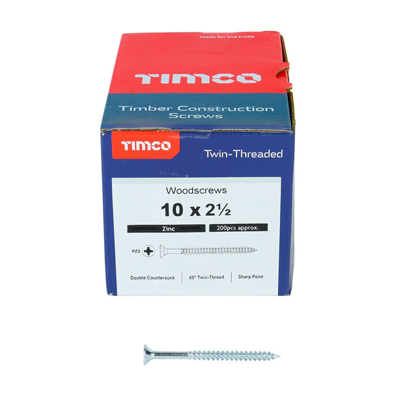 200 x TIMCO Twin-Threaded Countersunk Silver Woodscrews - 10 x 2 1/2