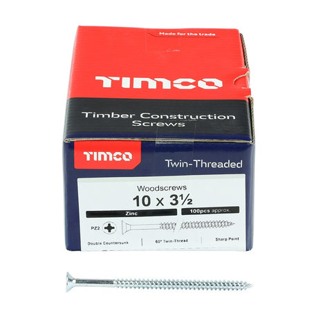 100 x TIMCO Twin-Threaded Countersunk Silver Woodscrews - 10 x 3 1/2