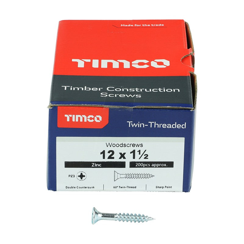 200 x TIMCO Twin-Threaded Countersunk Silver Woodscrews - 12 x 1 1/2