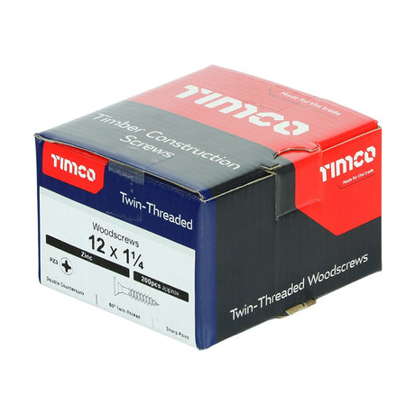 200 x TIMCO Twin-Threaded Countersunk Silver Woodscrews - 12 x 1 1/4