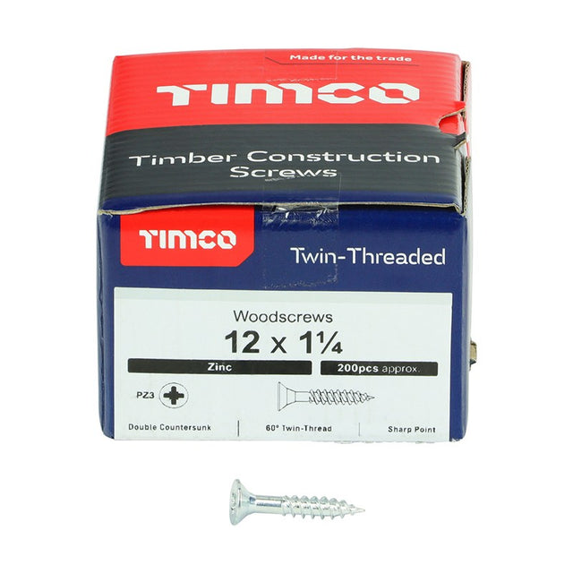 200 x TIMCO Twin-Threaded Countersunk Silver Woodscrews - 12 x 1 1/4