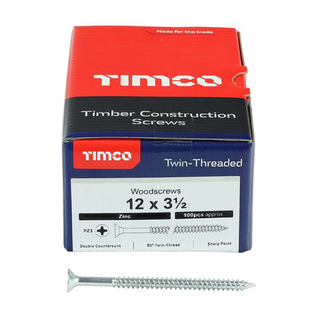 100 x TIMCO Twin-Threaded Countersunk Silver Woodscrews - 12 x 3 1/2