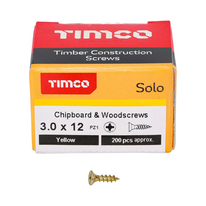 200 x TIMCO Solo Countersunk Gold Woodscrews - 3.0 x 12