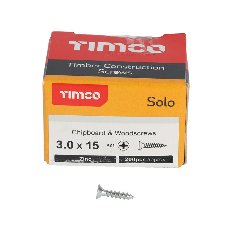 200 x TIMCO Solo Countersunk Silver Woodscrews - 3.0 x 15