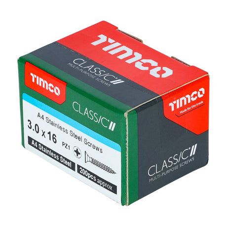 200 x TIMCO Classic Multi-Purpose Countersunk A4 Stainless Steel Woodcrews - 3.0 x 16