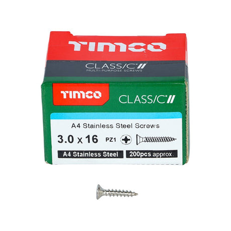 200 x TIMCO Classic Multi-Purpose Countersunk A4 Stainless Steel Woodcrews - 3.0 x 16