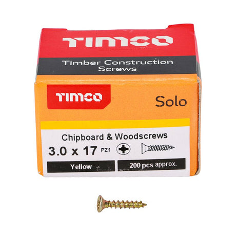 200 x TIMCO Solo Countersunk Gold Woodscrews - 3.0 x 17