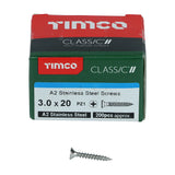 200 x TIMCO Classic Multi-Purpose Countersunk A2 Stainless Steel Woodcrews - 3.0 x 20