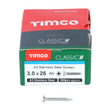 200 x TIMCO Classic Multi-Purpose Countersunk A2 Stainless Steel Woodcrews - 3.0 x 25