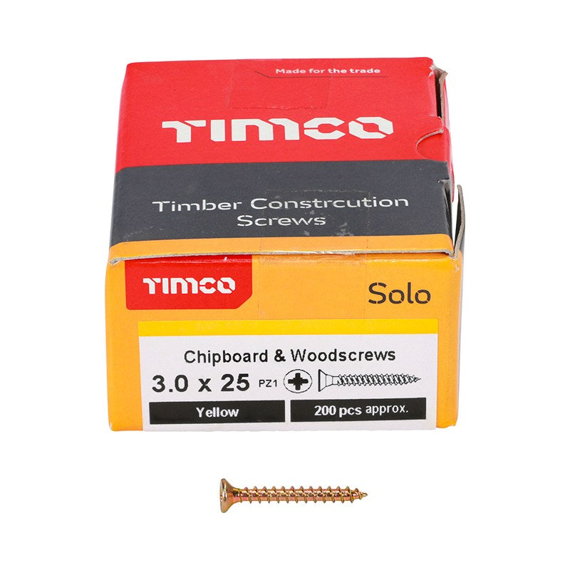 200 x TIMCO Solo Countersunk Gold Woodscrews - 3.0 x 25