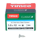 200 x TIMCO Classic Multi-Purpose Countersunk A2 Stainless Steel Woodcrews - 3.5 x 12