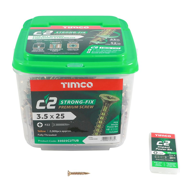 2000 x TIMCO C2 Strong-Fix Multi-Purpose Premium Countersunk Gold Woodscrews - 3.5 x 25