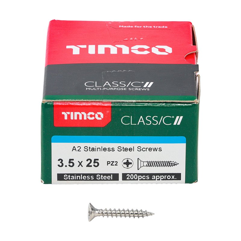 200 x TIMCO Classic Multi-Purpose Countersunk A2 Stainless Steel Woodcrews - 3.5 x 25